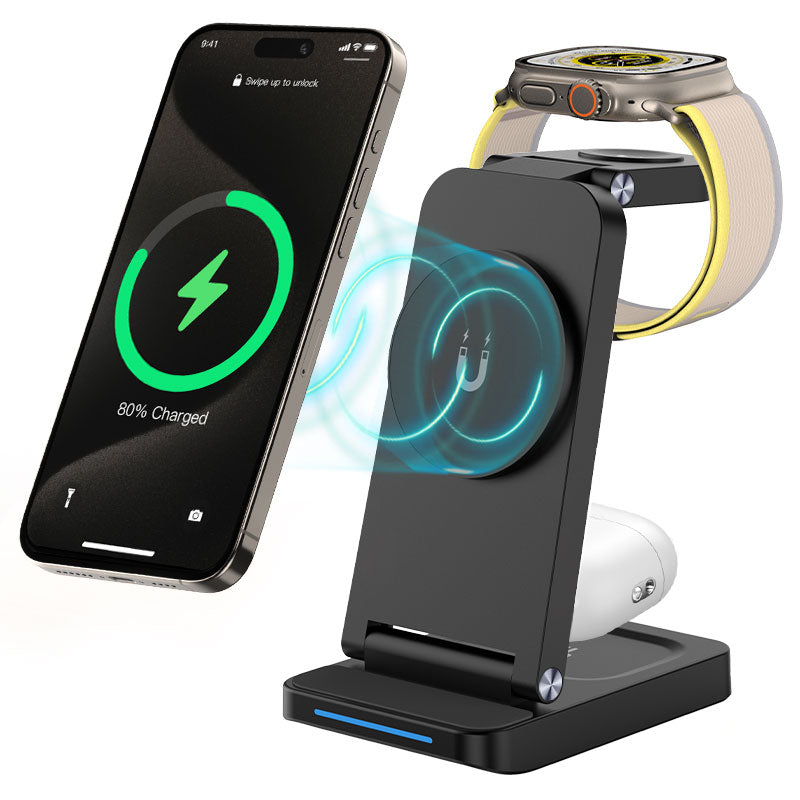 A magnetic wireless charger is simultaneouly charging an iPhone, a pair of earphones and an Apple Watch, with the iPhone showing 80%charged and the watch also being charged.