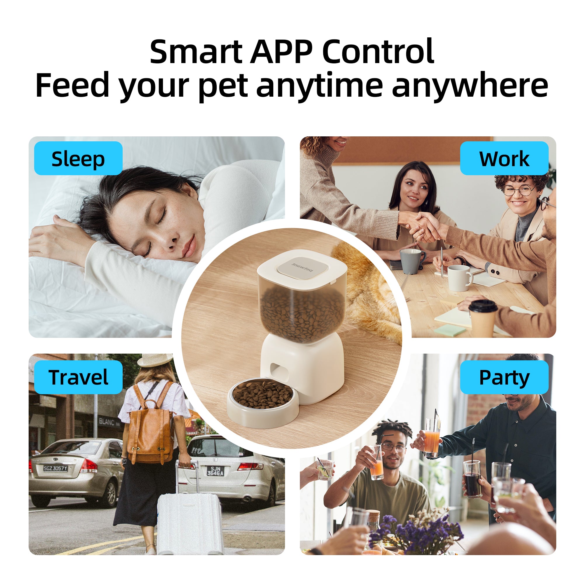 The image shows an automatic pet feeder with smart app control, highlighting its convenience for various scenarios such as sleeping, working, traveling, and partying.