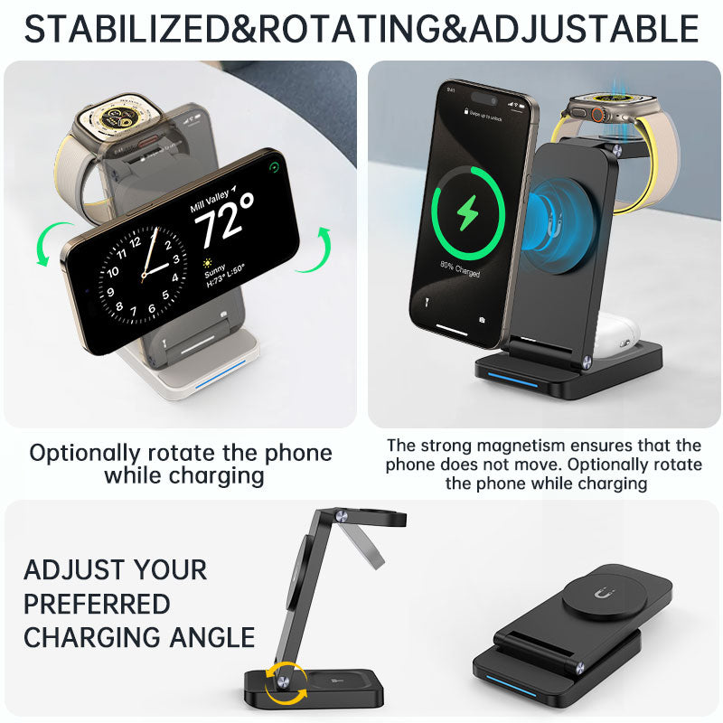 A magnetic wireless charger that is stabilized, rotating, and adjustable, allowing users to optionally rotate th phone while charging and adjust their preferred charging angle, with strong magnetism ensuring the phone stays in place.