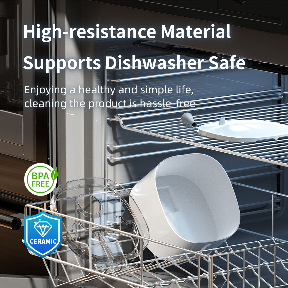 The image shows a product made of high - resistance material that is safe for dishwashers, featuring a BPA - free ceramic composition for a healthy and simple life.