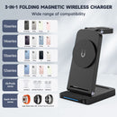 A 3-in-1 folding magnetic wireless charger with wide compatibility, suitable for charging 15 series, 14 series, 13 series, 12 series iPhone, AirPods series, and Apple Watch series.