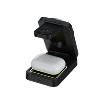 A pair of wireless earbuds is placed in a charging case, and the case is on  a charging dock.