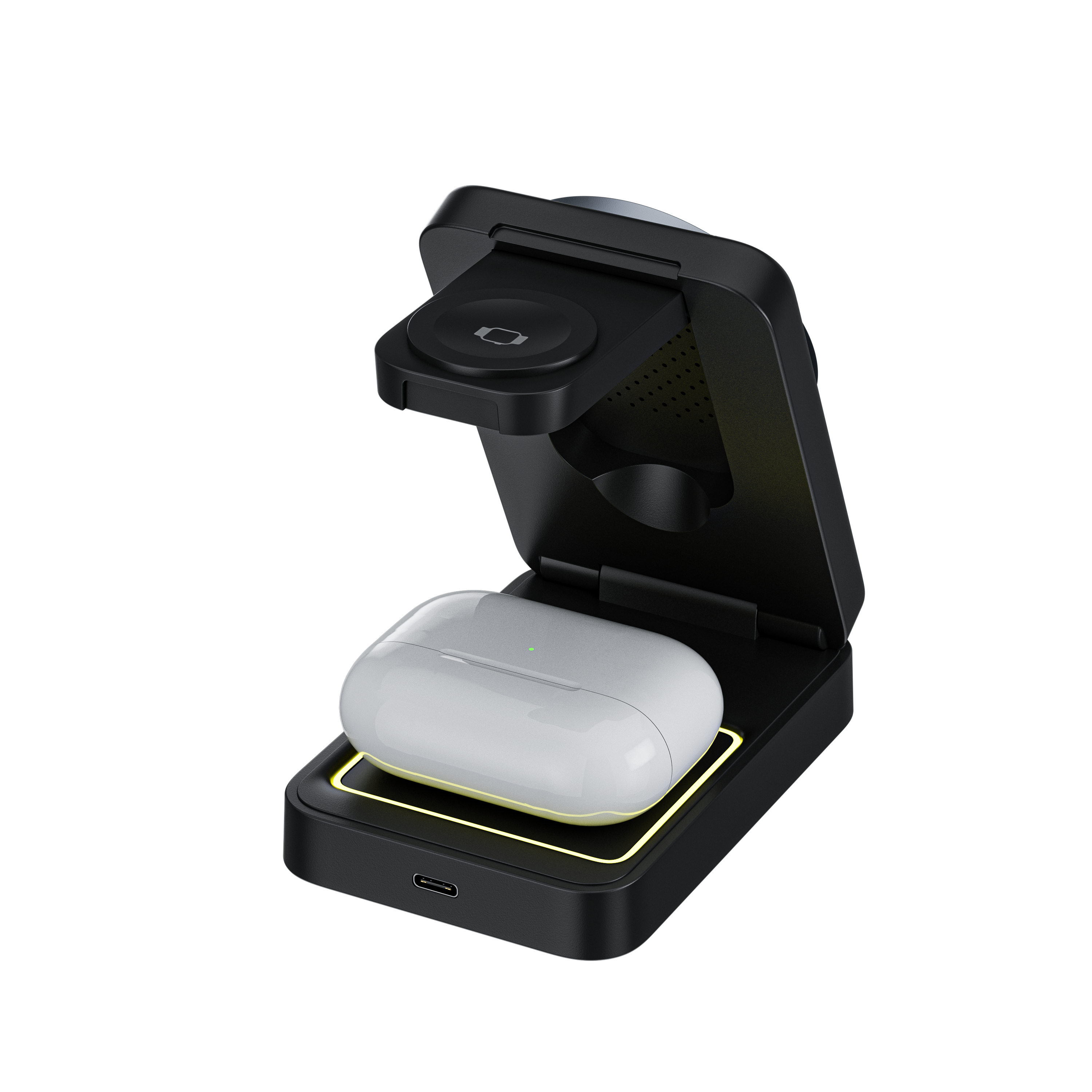 A pair of wireless earbuds is placed in a charging case, and the case is on  a charging dock.