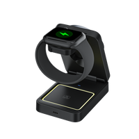 A smartwatch is placed on a charging dock, and the screen indictes that it's chargng.