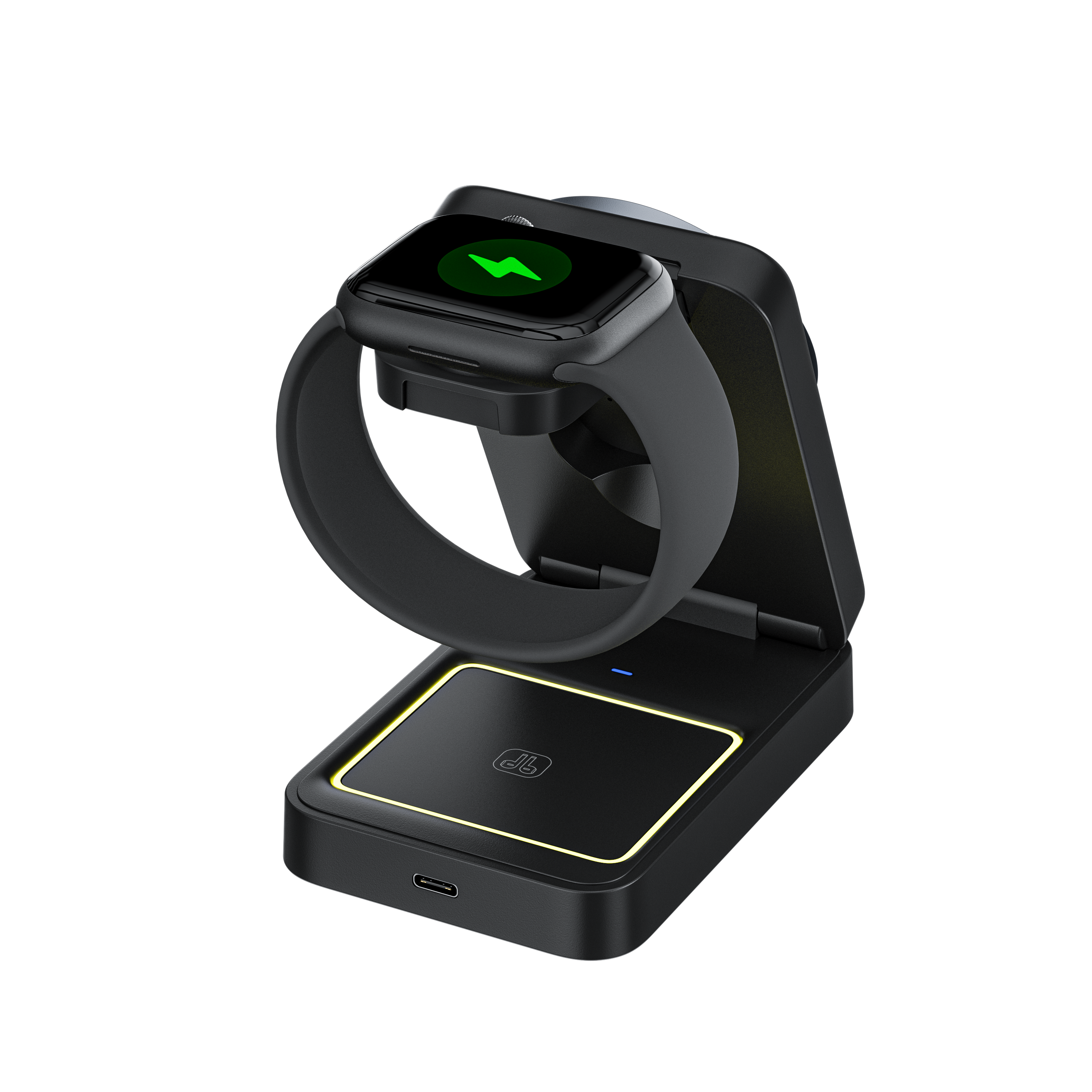 A smartwatch is placed on a charging dock, and the screen indictes that it's chargng.