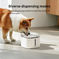 The image shows a pet feeder with diverse dispensing modes to meet the needs of different pets, featuring a dog drinking from the feeder.