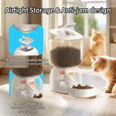 The image shows an automatic pet feeder with airtight storage and anti-jam design, featuring a food outlet sealed design to protect against inserts and ants, and an anti-jam mechanism to prevent food from getting stuck.