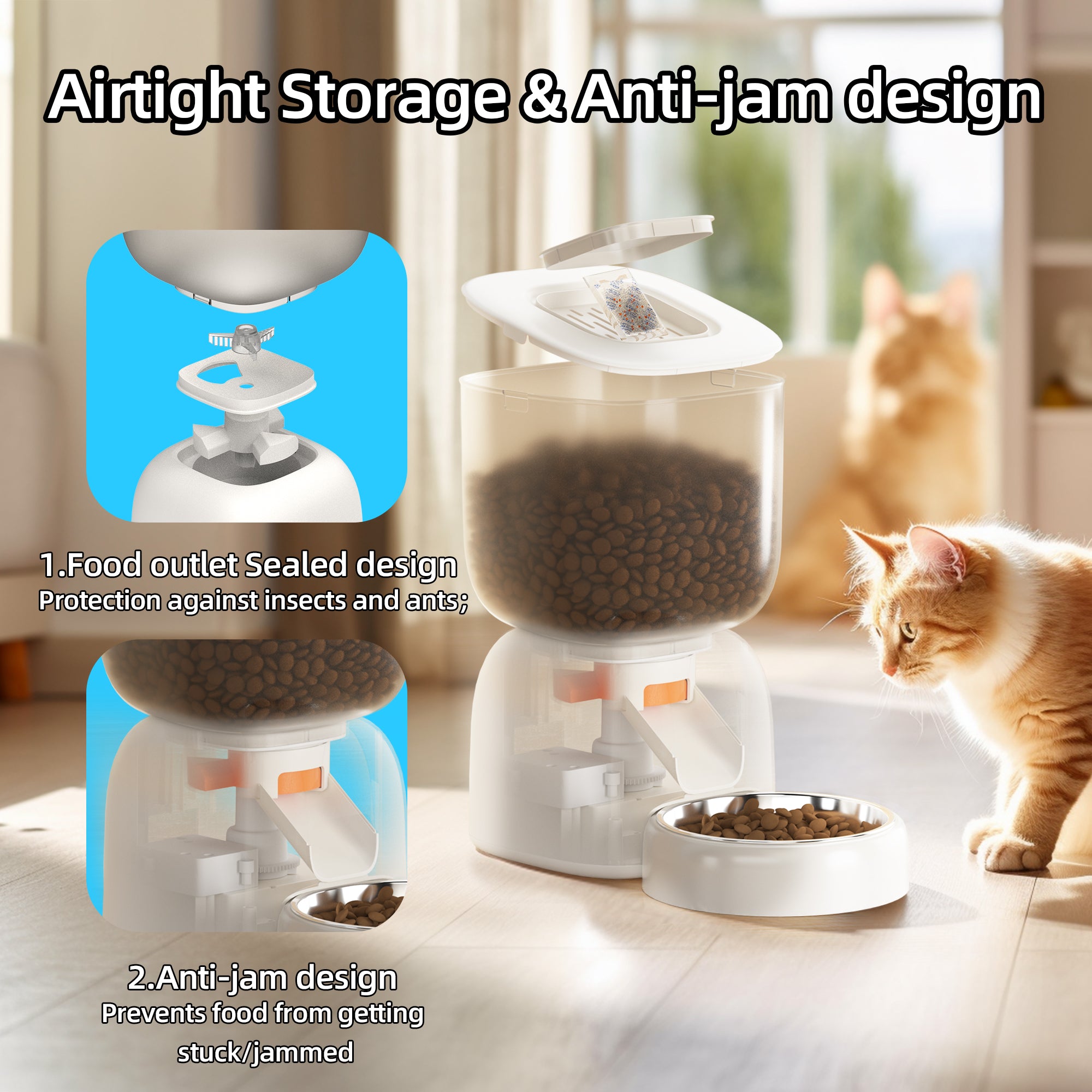 The image shows an automatic pet feeder with airtight storage and anti-jam design, featuring a food outlet sealed design to protect against inserts and ants, and an anti-jam mechanism to prevent food from getting stuck.