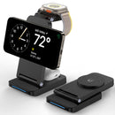 A magnetic wireless charger is simultaneously charging an iPhone and an Apple Watch, with the iPhone showing a weather widget for Mill Valley with a temperature of 72 Fahrenheit and sunny conditions.