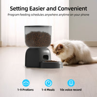 The image shows an automatic pet feeder, highlighting feautures like setting feeding schedule via phone, 1-9 portions, 1-4 meals, and 10s voice record, with a cat eating from the feeder.