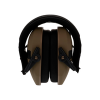 Front view of brown shooting headphones folded up