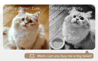 The image humorously compares a cat's appearance before and after eating, with the caption "Before dinner: Cute. After dinner: Dirty." and a request from the cat asking for a bigger bowl.