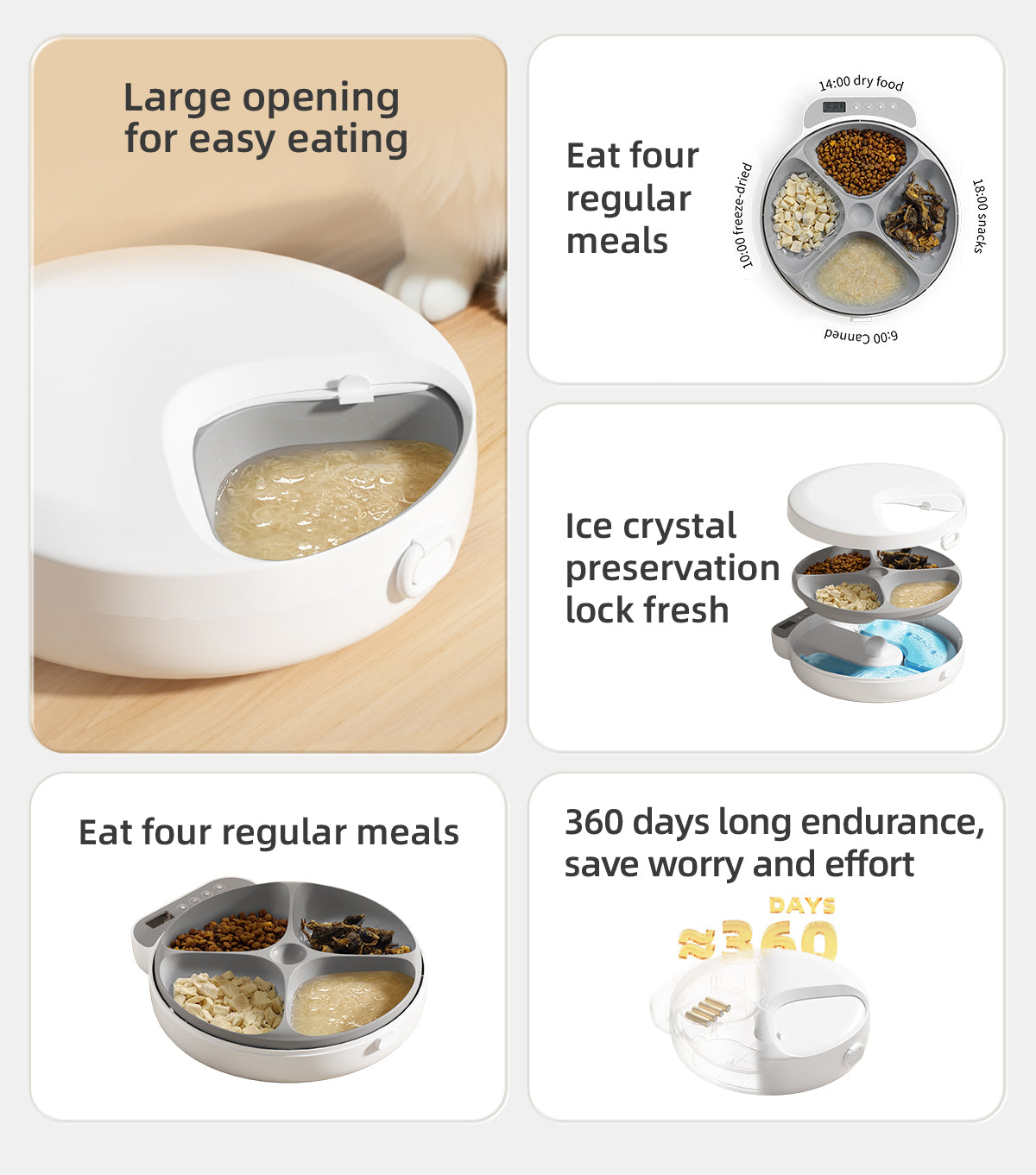 A pet feeder with features such as a large opening for easy eating, the ability to serve four regular meals, ice crystal preservation to keep food fresh, and a long - lasting battery that lasts 360 days.