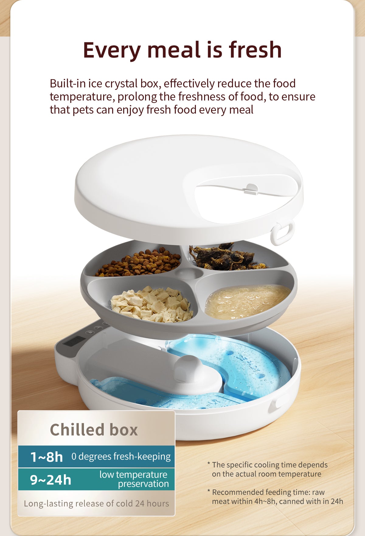 The image shows a pet food storage container with a built - in ice crystal box designed to keep pet food fresh. It offers different cooling times (1 - 8 hours at 0 degrees and 9 - 24 hours at low temperature) to ensure freshness for every meal.