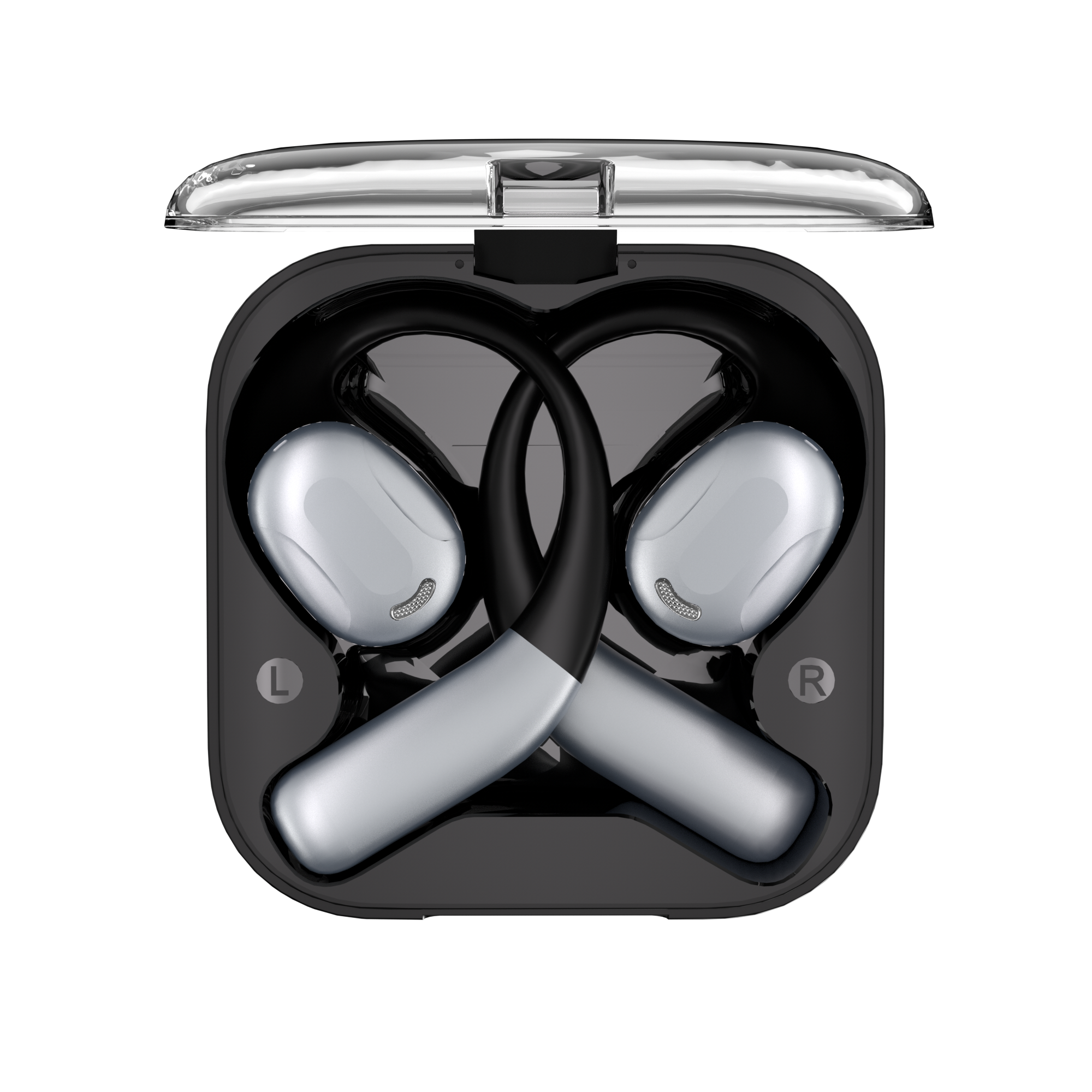 Top view of the OWS earphones in a box with the transparent lid open