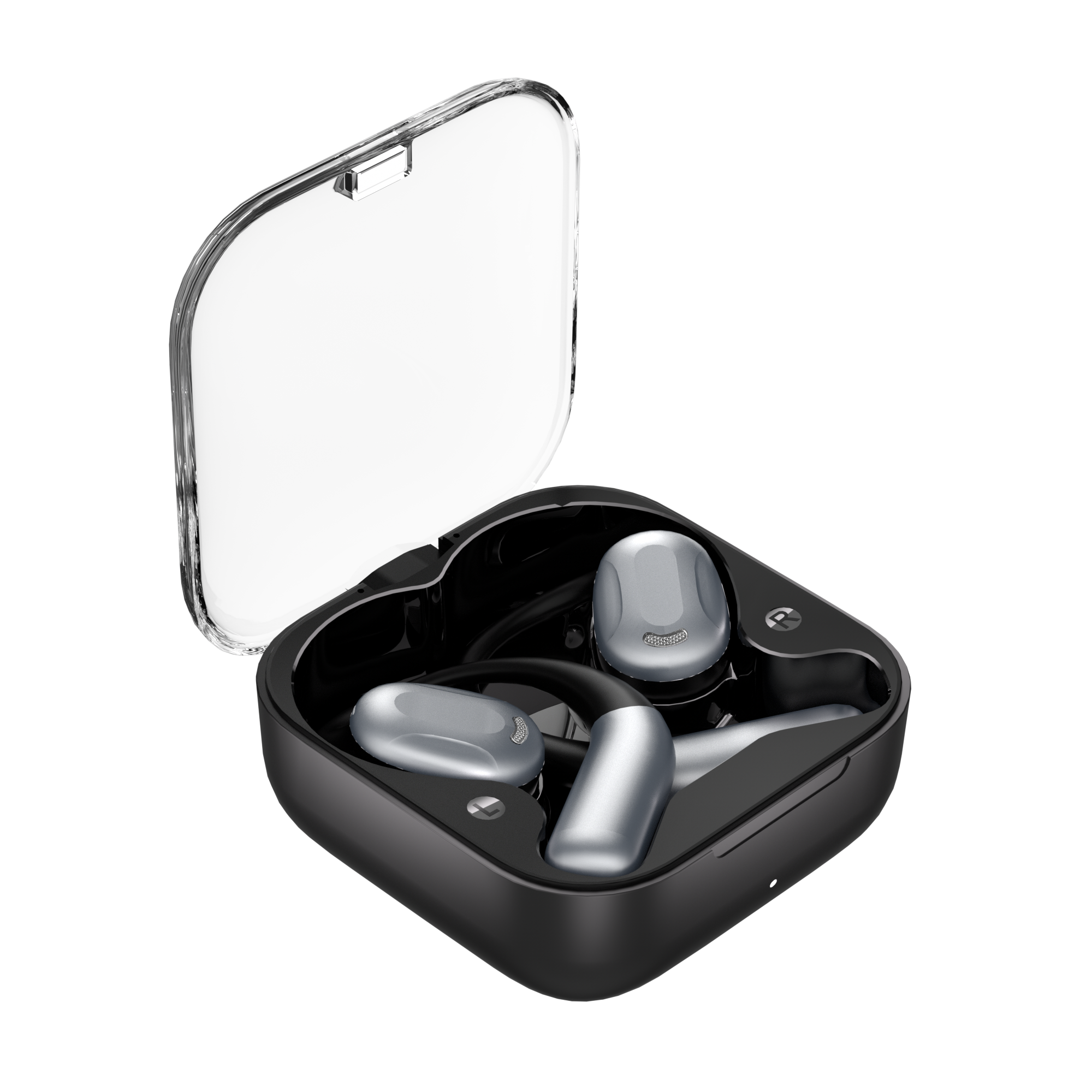 Left side view of the OWS earphones in a box with a transparent lid