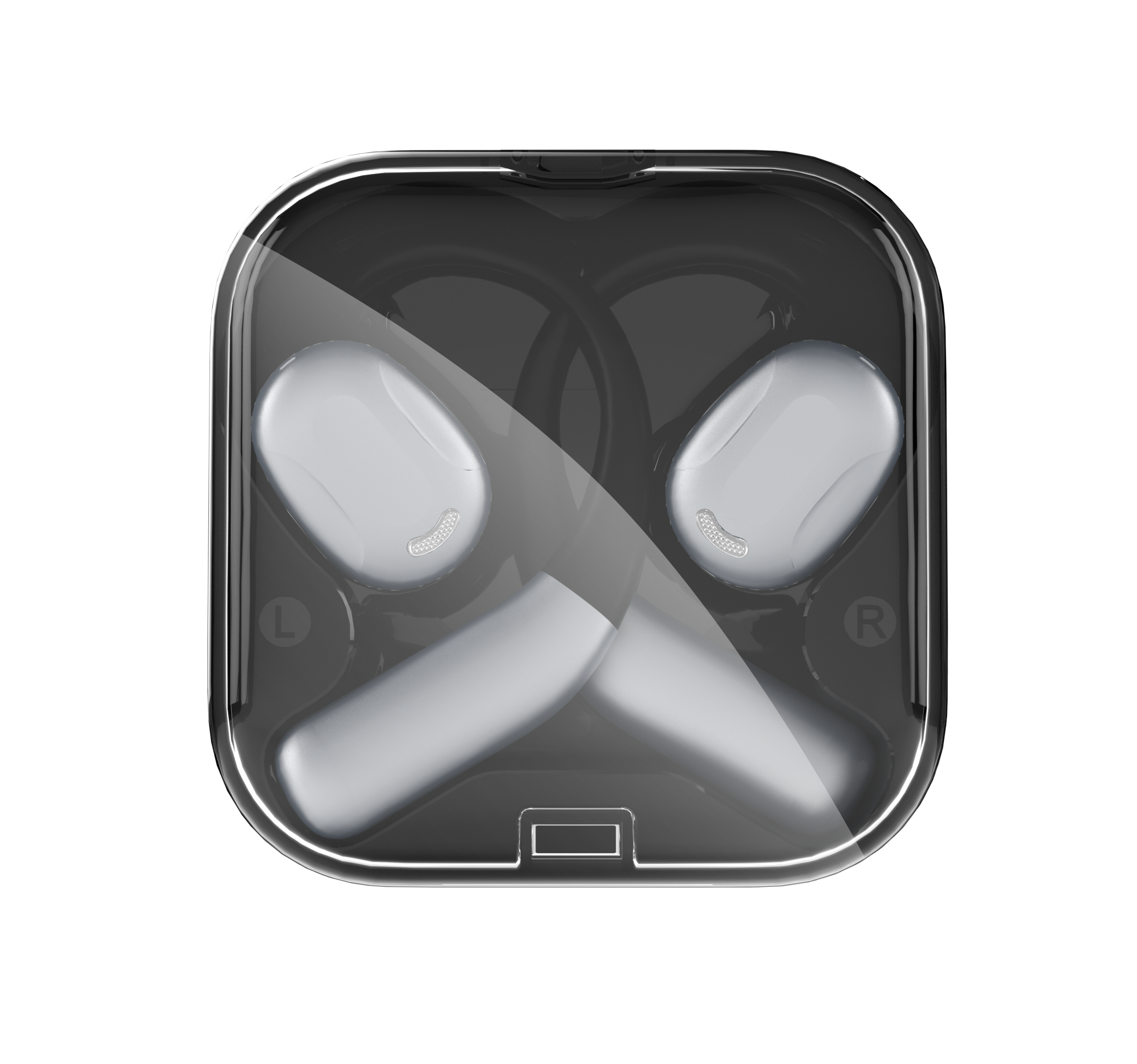 Top view of the OWS earphones in the box with the transparent lid closed