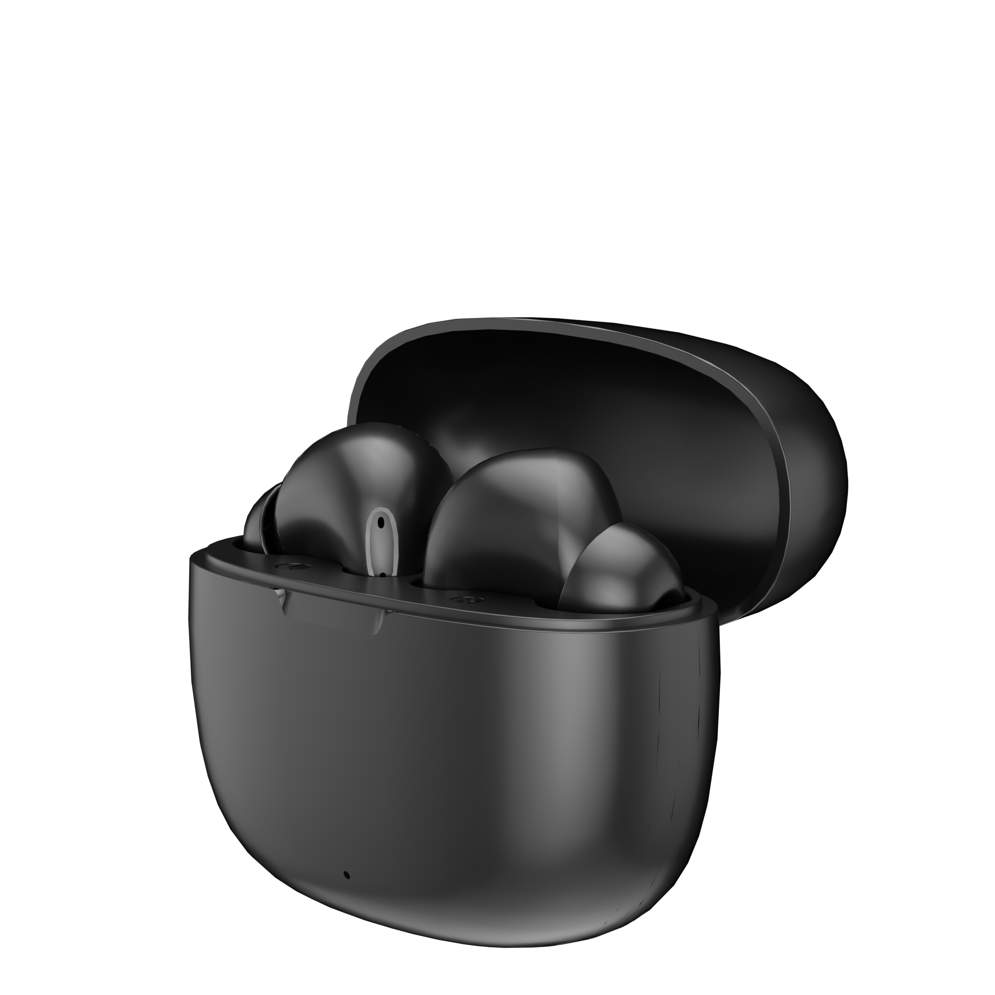 Black earphone box opened with two earphones inside on the right side